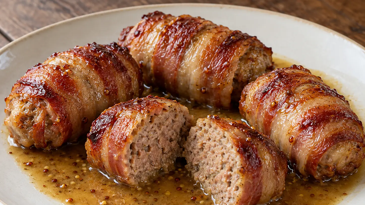Slavinken nella pancetta dorata con salsa alla senape e ripieno di carne visibile