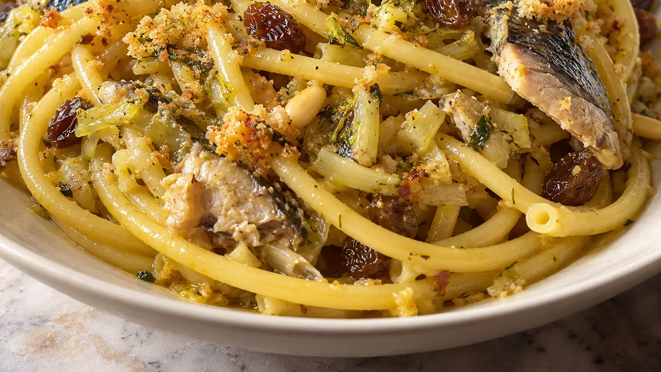 Pasta con le sarde con sardine fresche, finocchio, uvetta e pangrattato dorato