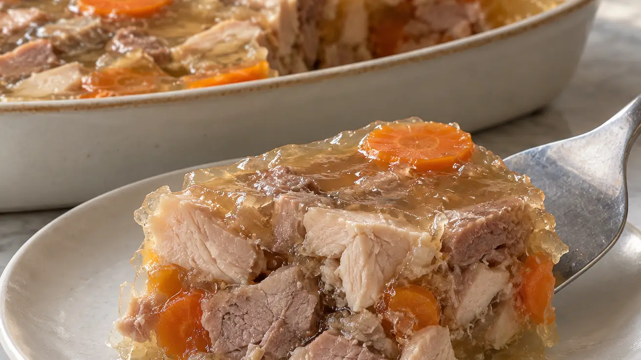 Potjevleesch con pezzi di pollo, coniglio, maiale e carote in gelatina chiara