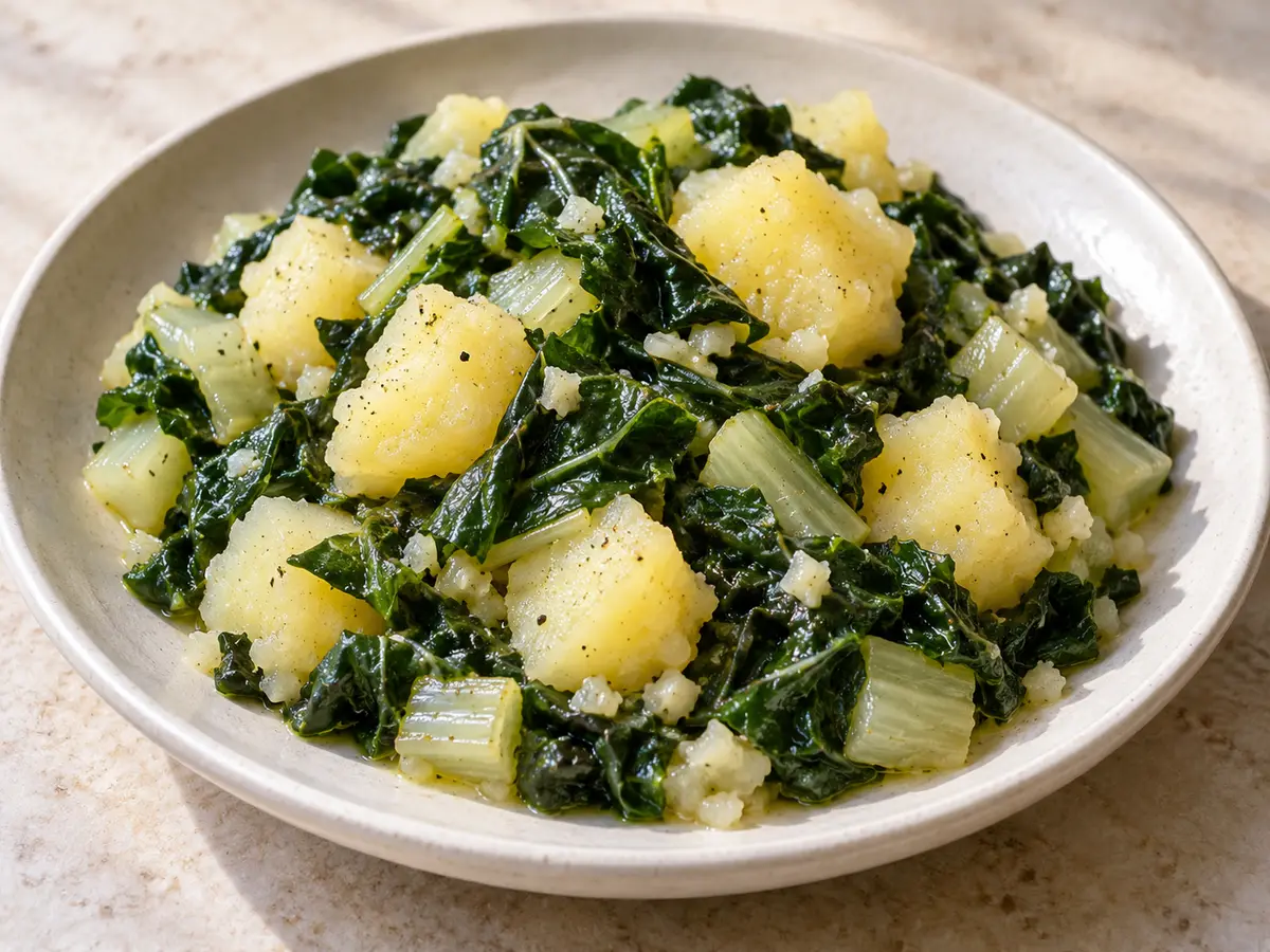 Blitva s krumpirom — bietole con patate, olio d'oliva e aglio