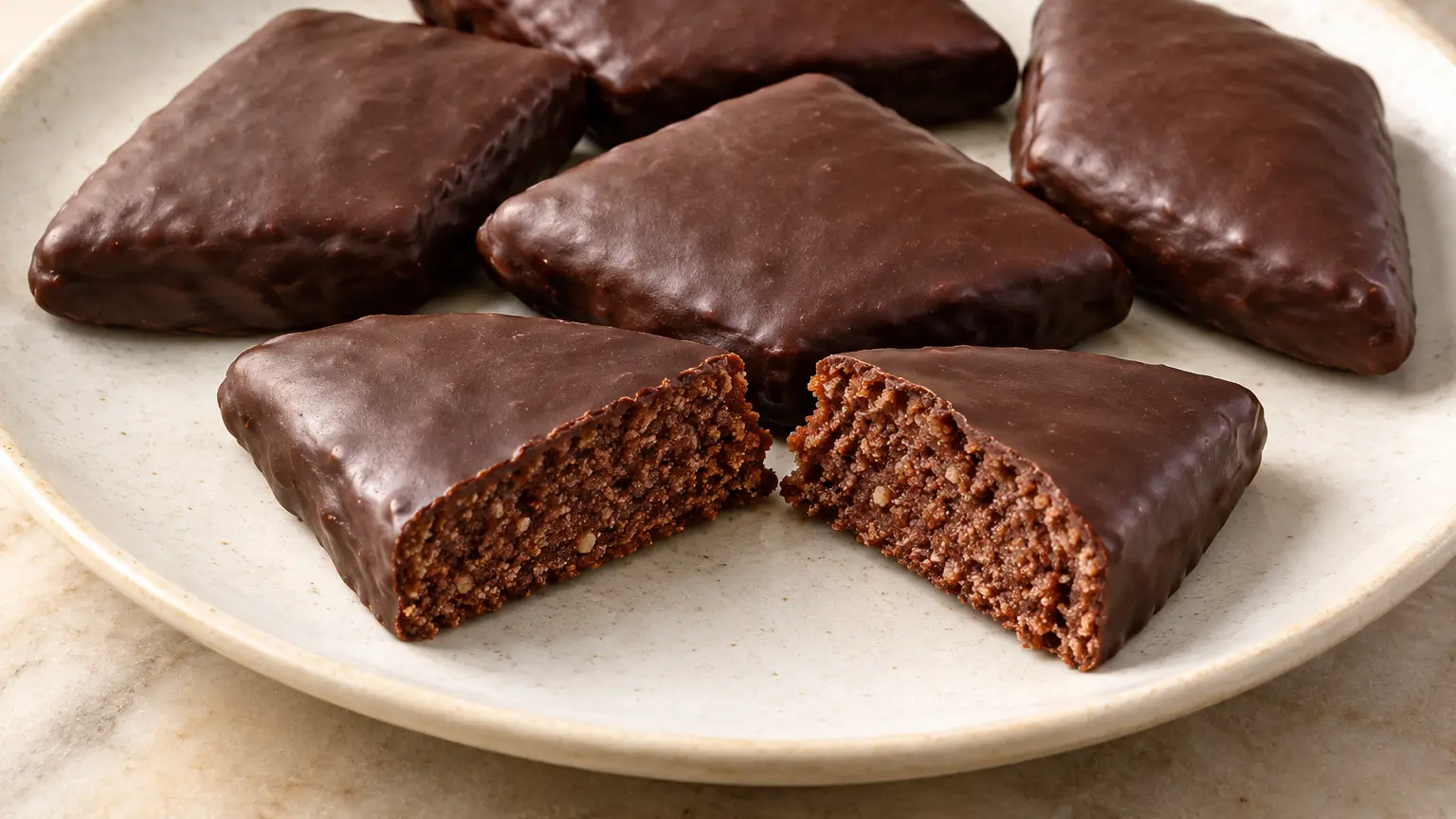 Mostaccioli napoletani al cioccolato scuro con un rombo spezzato che mostra l'interno compatto al cacao
