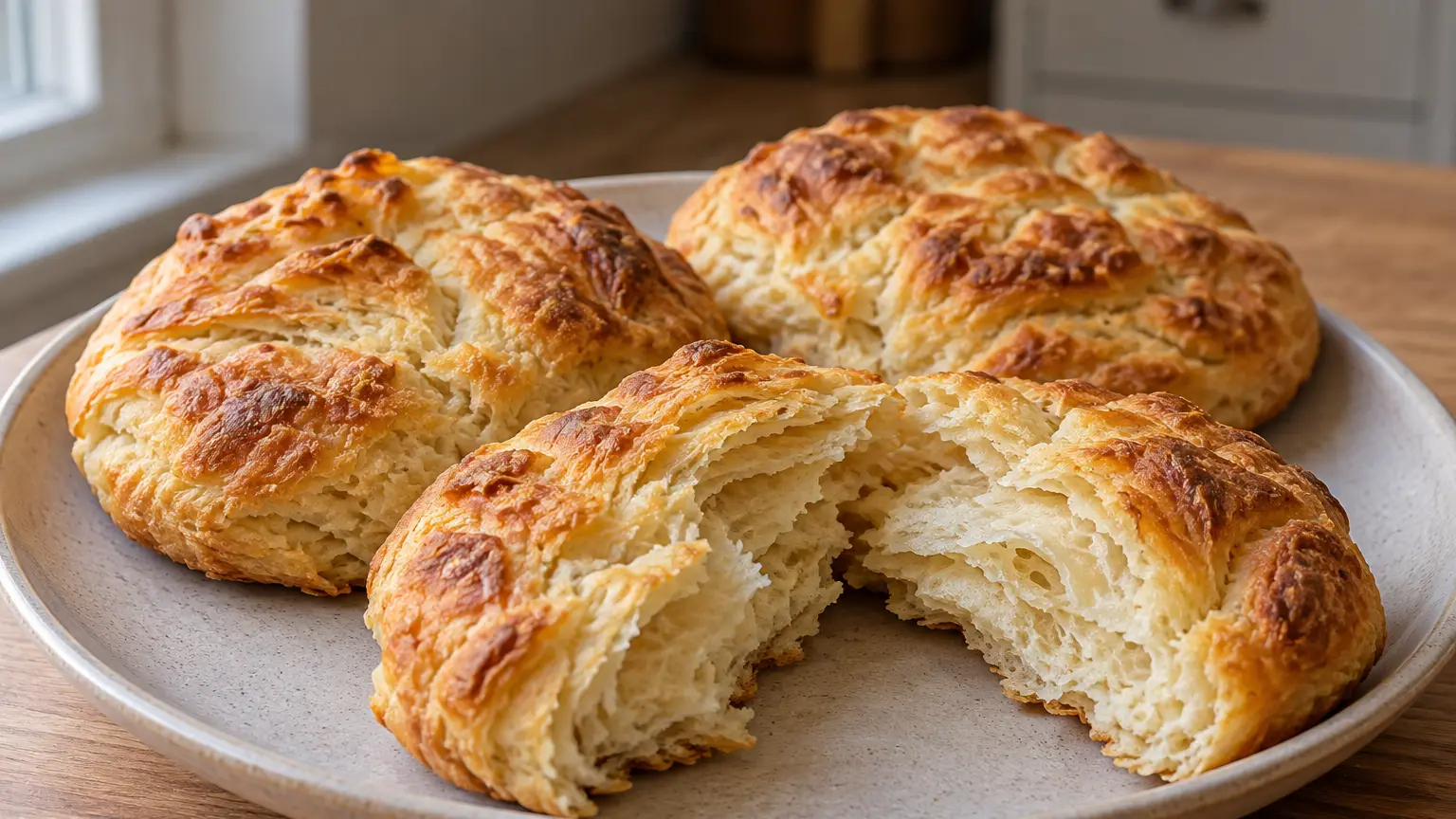 Lage goudbruine Aberdeen butteries met een opengebroken broodje dat de zachte, gelaagde binnenkant toont