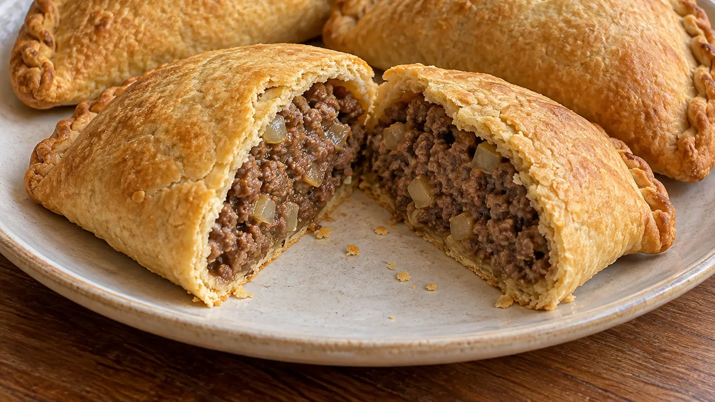 Forfar bridies dorati di pasta brisée, aperti sul ripieno succoso di manzo e cipolla