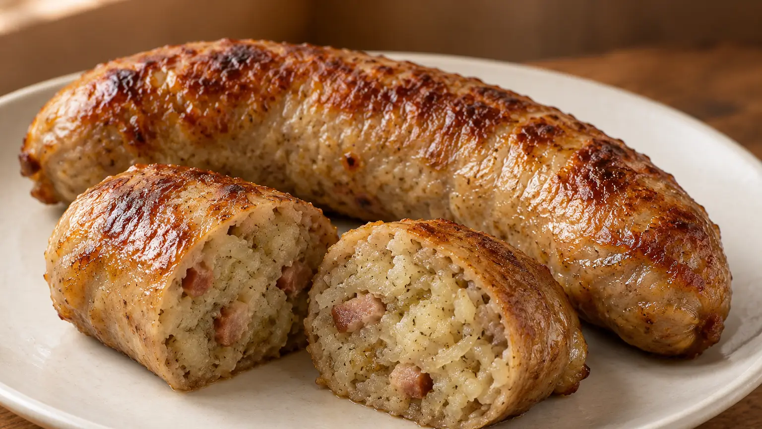 Kiszka ziemniaczana dorata con una porzione tagliata che mostra il ripieno compatto di patate e pancetta