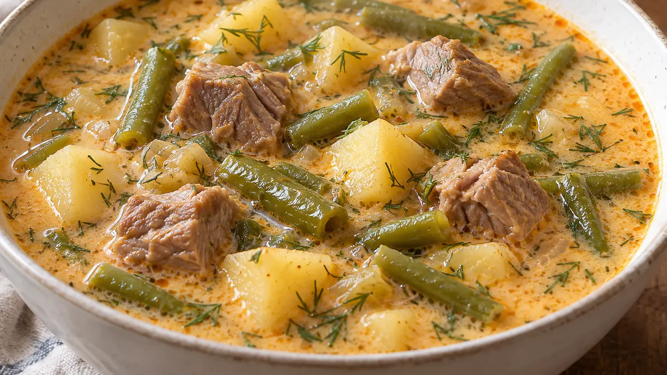 Palócleves met mals lamsvlees, sperziebonen, aardappelen en dille in lichte bouillon met paprika en zure room