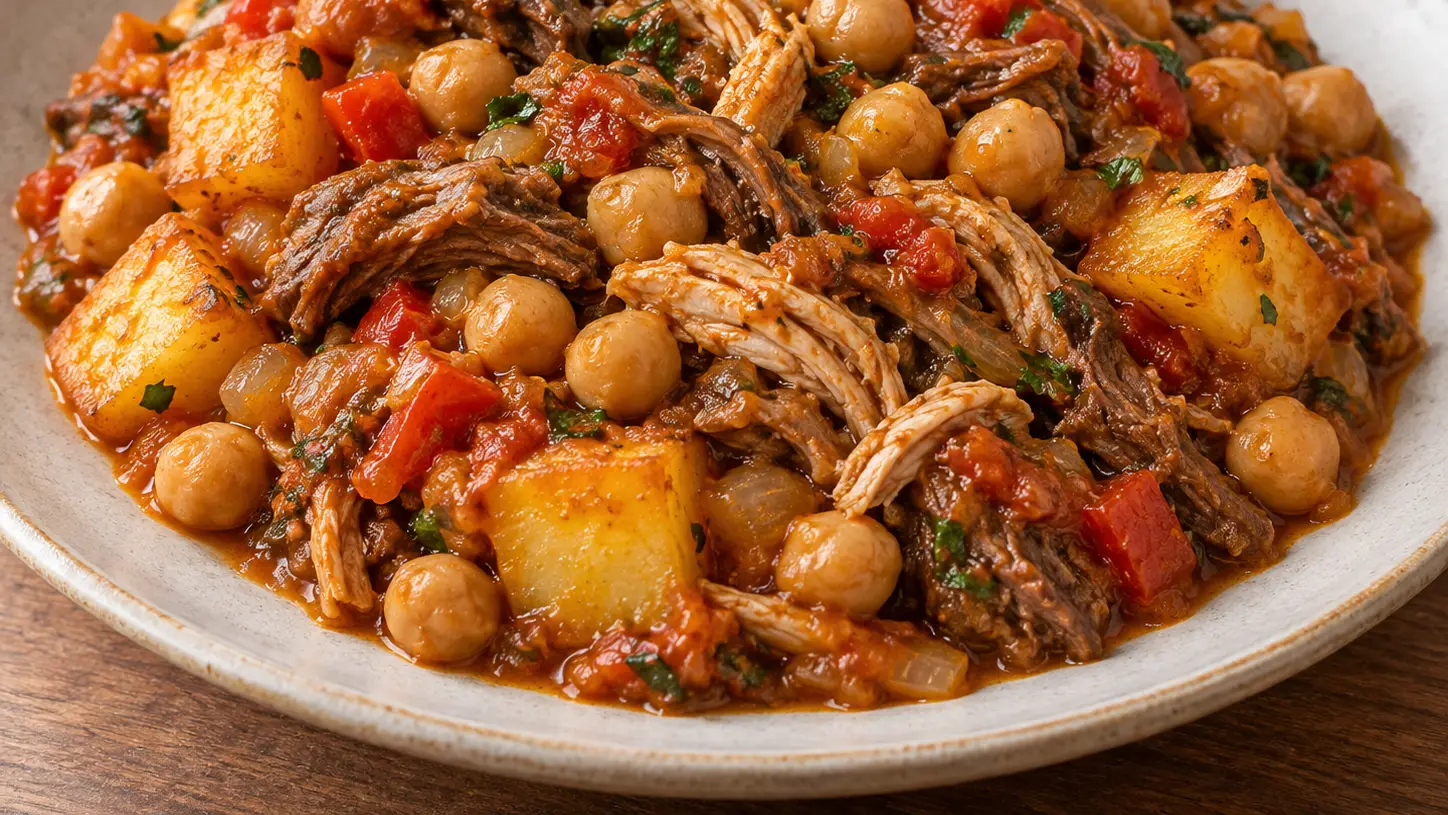 Ropa vieja canaria con ceci, manzo e pollo sfilacciati, patate dorate e sugo di pomodoro