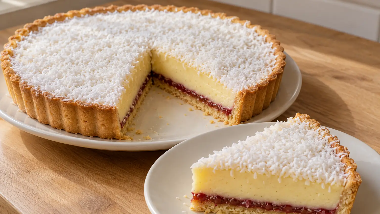 Manchester tart con cocco bianco e una fetta tagliata che rivela confettura di lamponi e crema