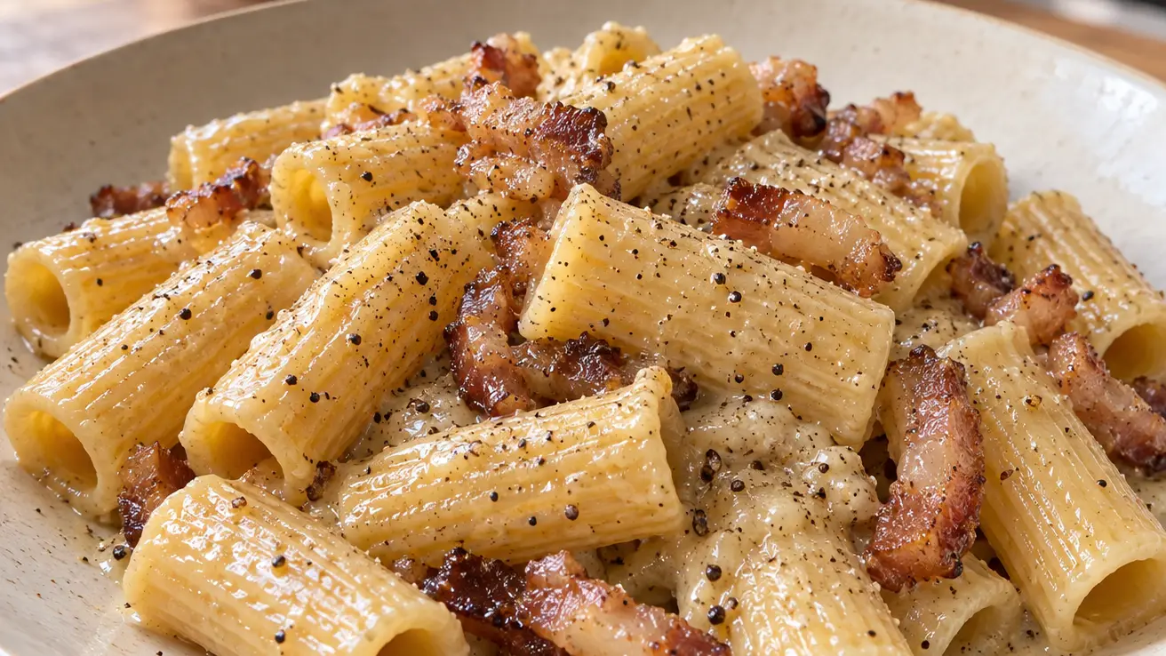 Rigatoni alla gricia avvolti da salsa chiara al pecorino con guanciale dorato e pepe nero