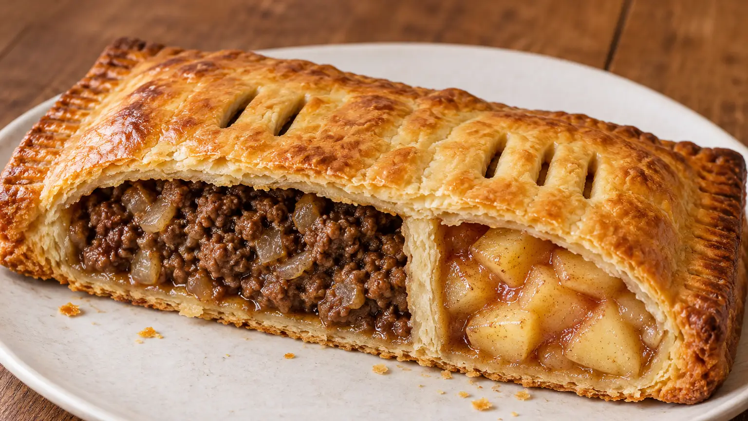 Goudbruine Bedfordshire clanger met aparte rundvleesvulling en zoet appeluiteinde gescheiden door een deegwand