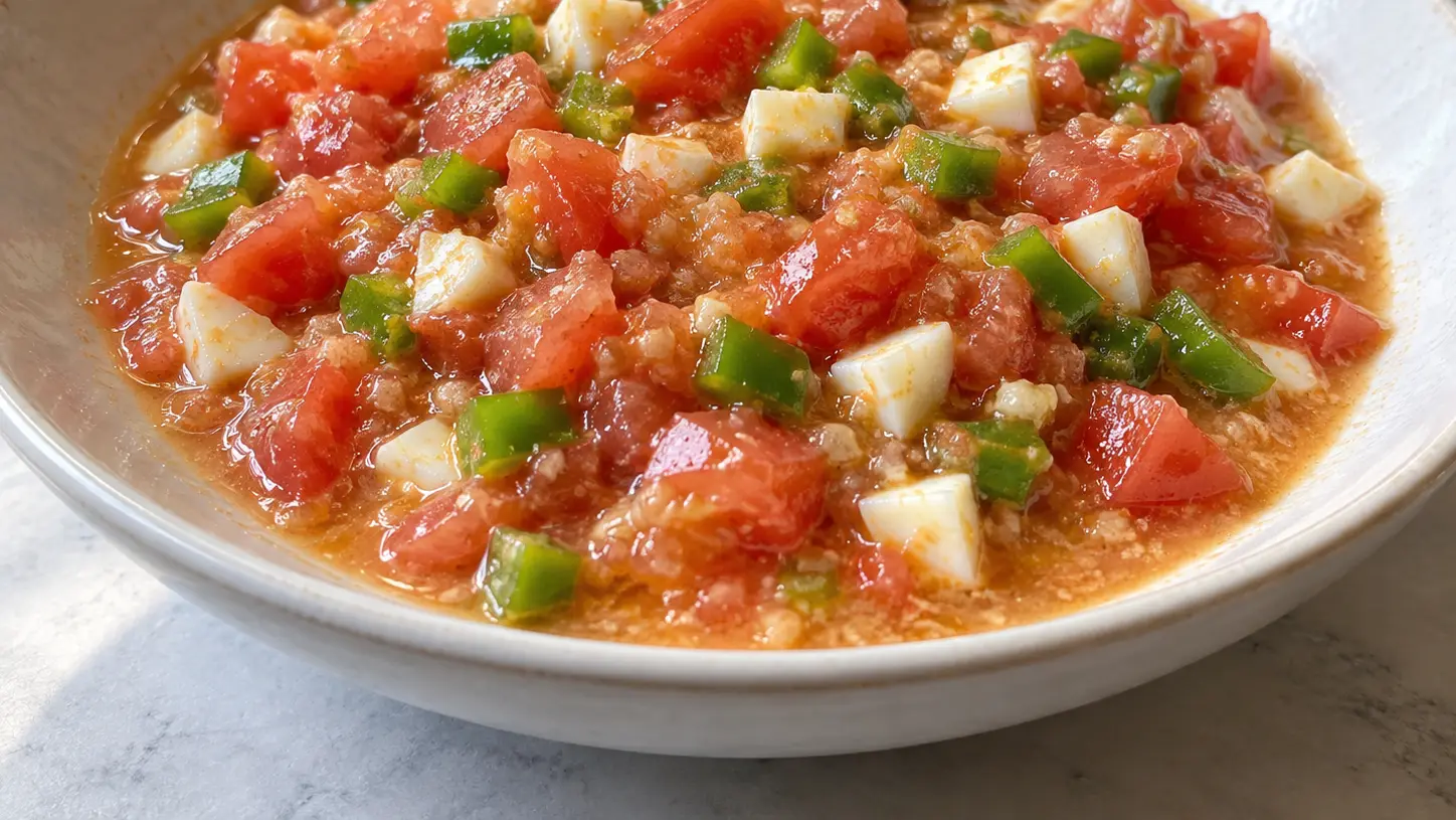 Pipirrana uit Jaén met fijngesneden tomaten, groene paprika en eiwit in een sappige dressing