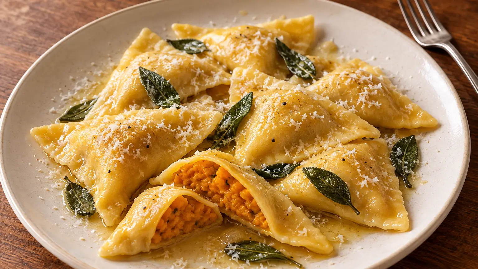 Tortelli di zucca triangolari con ripieno di zucca, burro, salvia e Grana Padano grattugiato