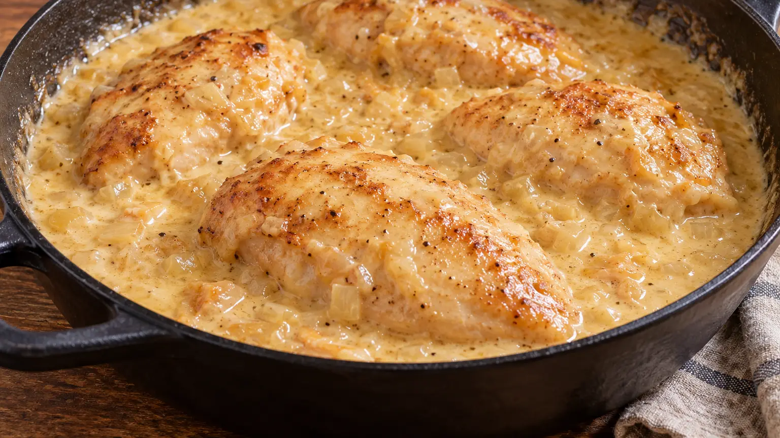 Kipfilets in romige saus van Maroilles en ui in een diepe koekenpan