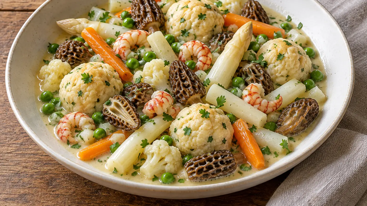 Verdure di Lipsia, spugnole, code di gamberi di fiume e gnocchetti in salsa al burro