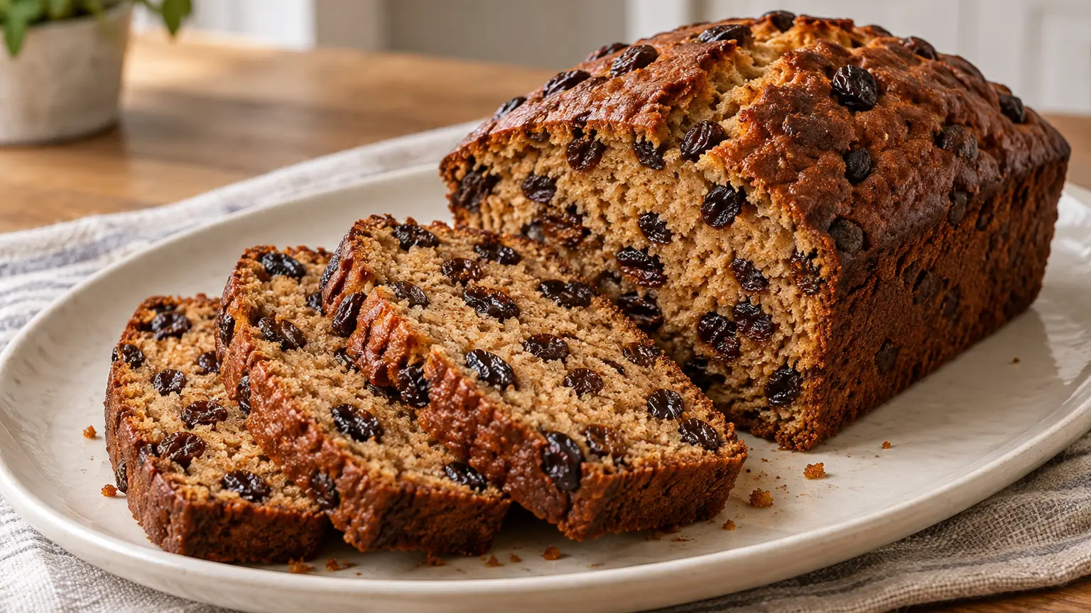 Irish tea loaf with a browned crust and sliced pieces filled with soaked raisins