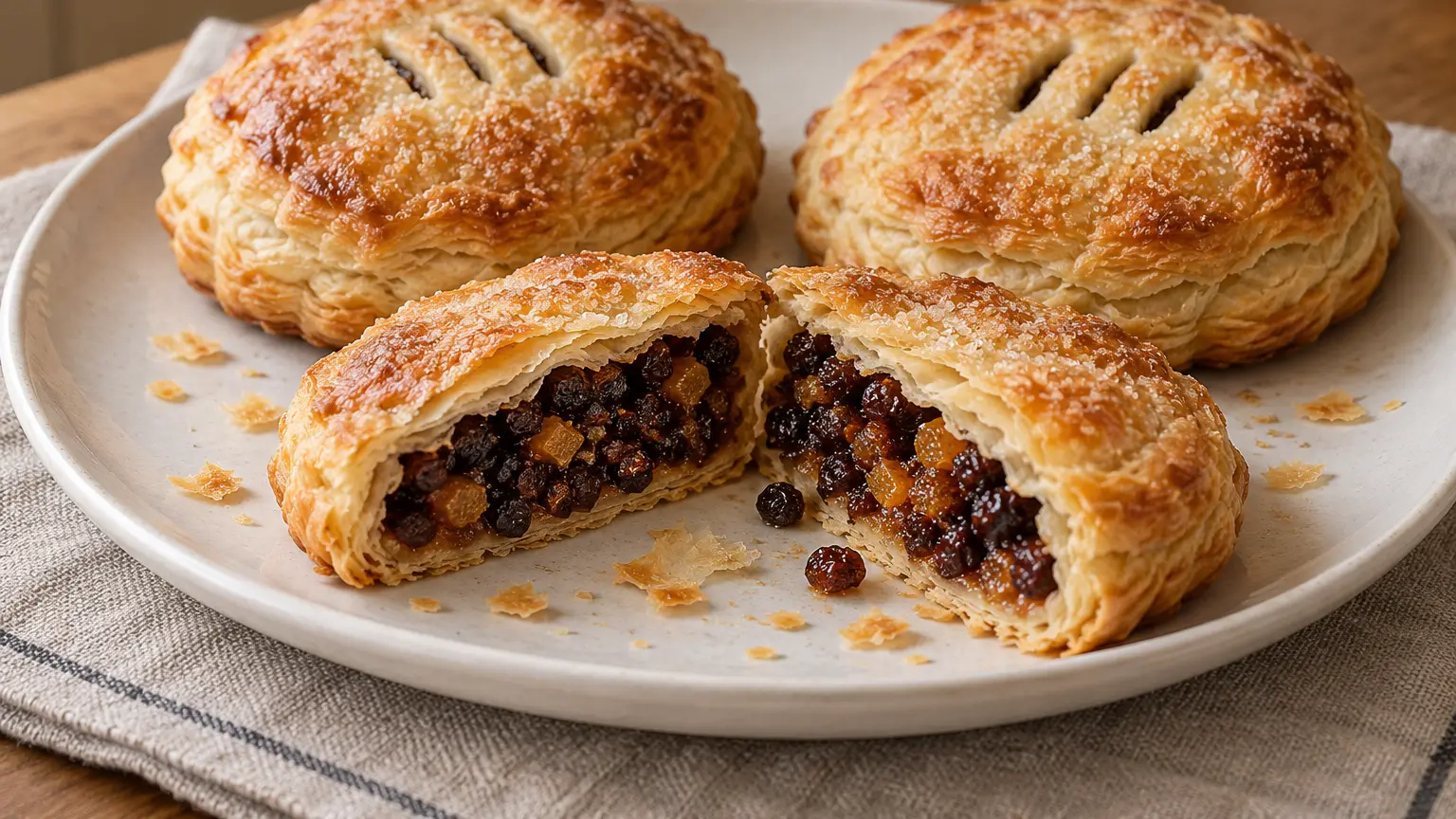 Ronde goudbruine Eccles cakes met suikerlaagje en een opengesneden gebakje vol donkere krenten