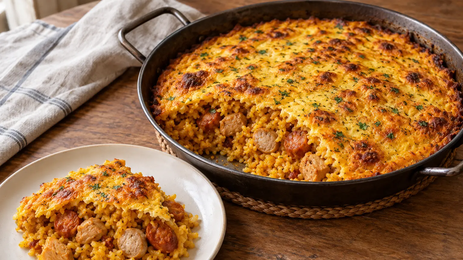 Arroz con costra spagnolo con pollo e salsicce sotto uova dorate in una larga padella
