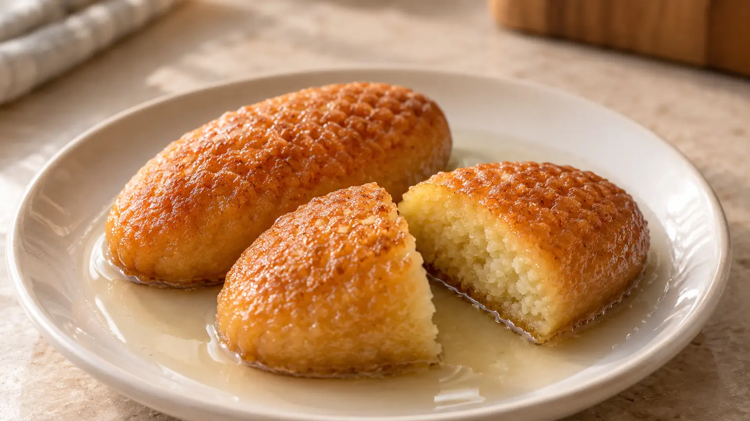 Bosnian butter hurmašice with a distinctive grater pattern in pale lemon syrup