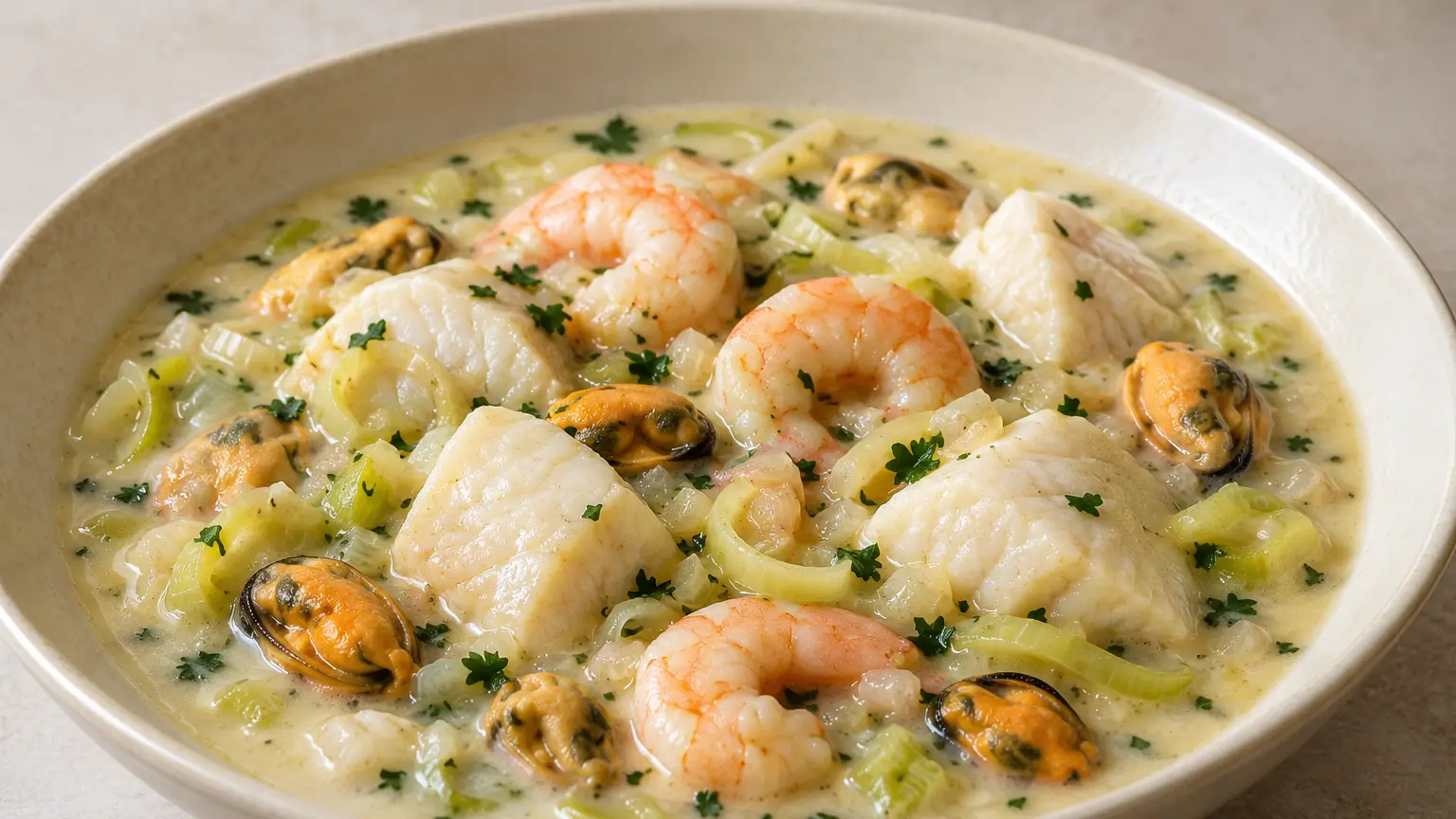 Marmite dieppoise normanna con merluzzo, rana pescatrice, gamberi e cozze in brodo cremoso
