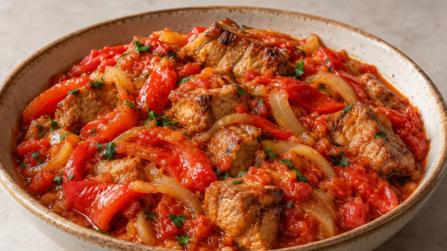 Servische mućkalica met stukjes gegrild varkensvlees en geroosterde rode paprika in tomatensaus