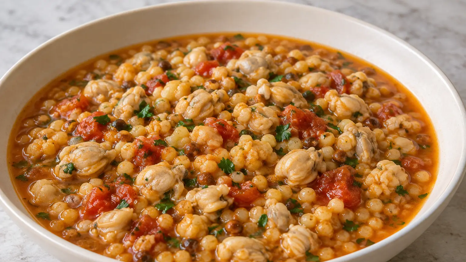 Fregola sarda con tutta la polpa delle vongole senza gusci pomodori prezzemolo e fondo aromatico