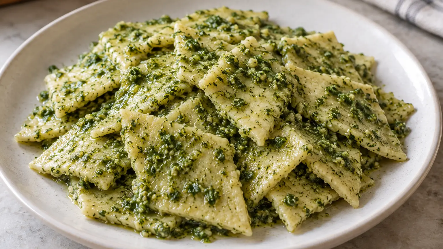 Zachte ruiten testaroli met verse groene basilicumpesto op een licht bord