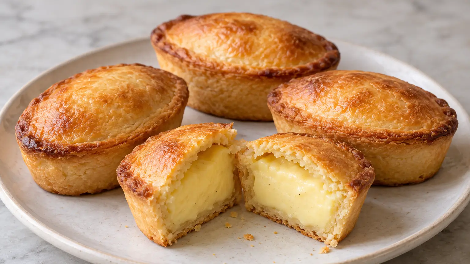 Pasticciotti leccesi ovali e dorati con una crema chiara alla vaniglia visibile al taglio