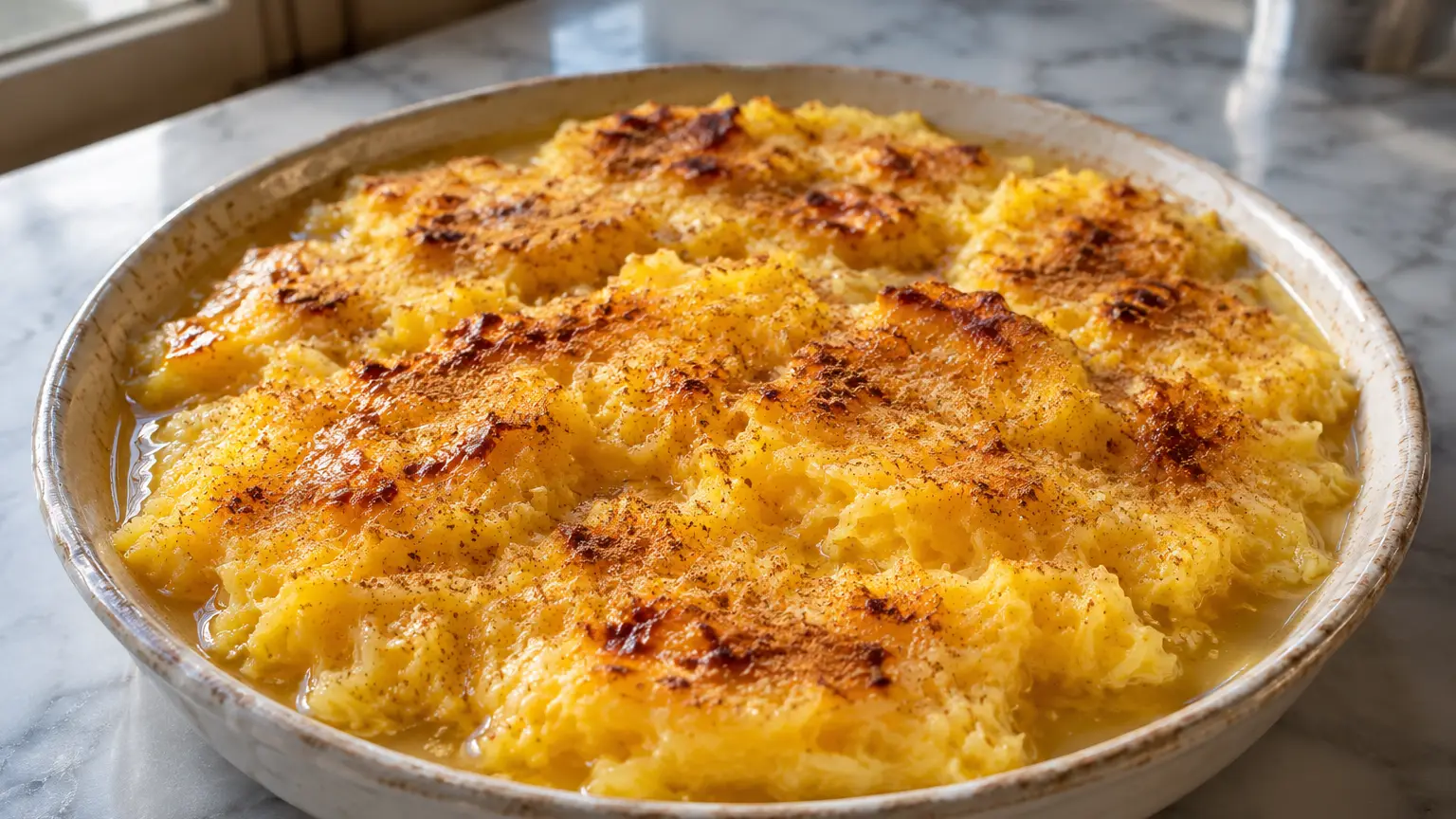 Portuguese encharcada with delicate egg strands in syrup and cinnamon over the surface