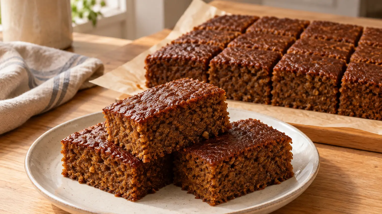 English parkin cut into squares with dark moist crumb and visible oat particles