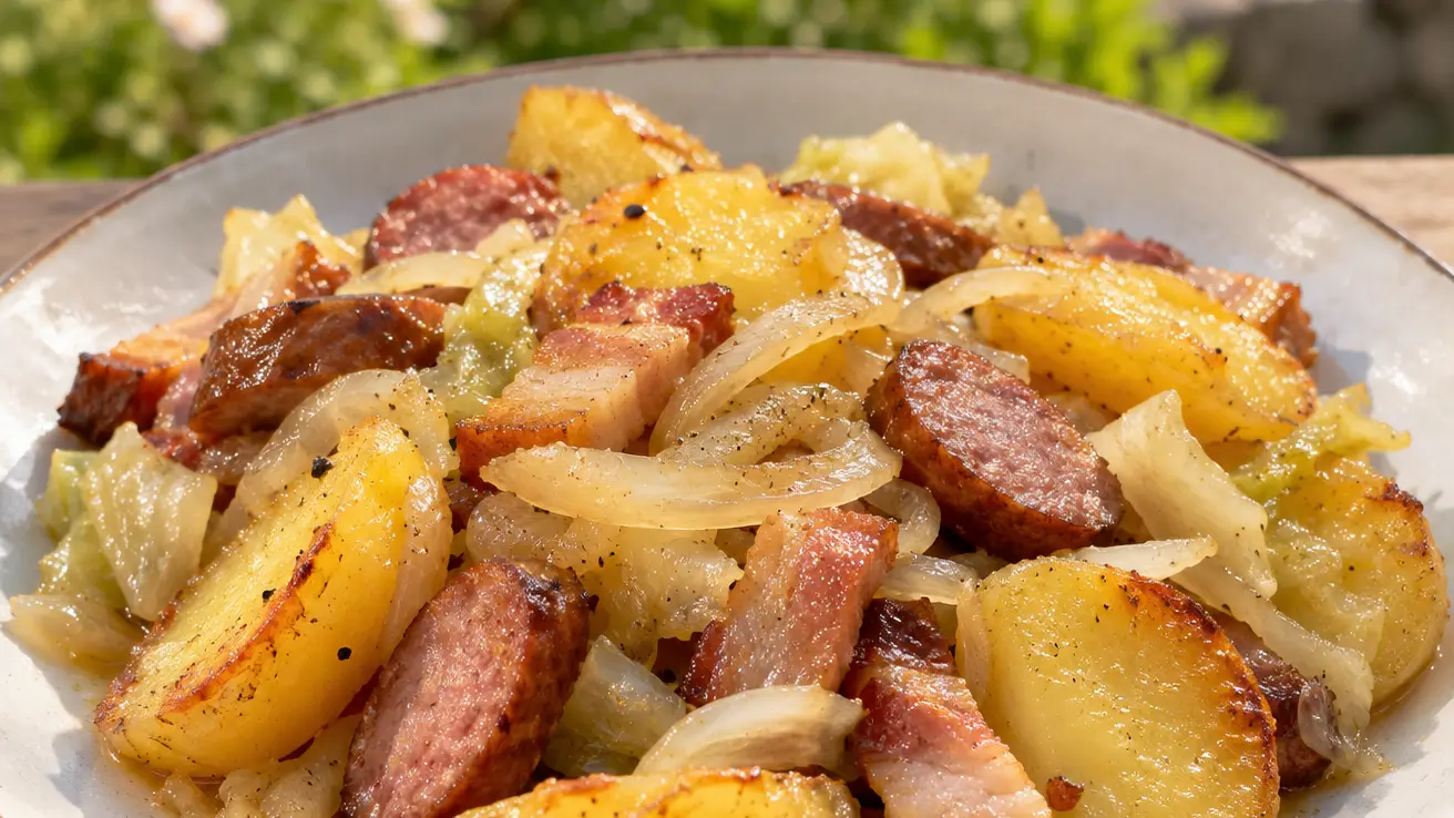Prażonki met gebruinde aardappelen, plakjes spek en worst, zachte ui en kool