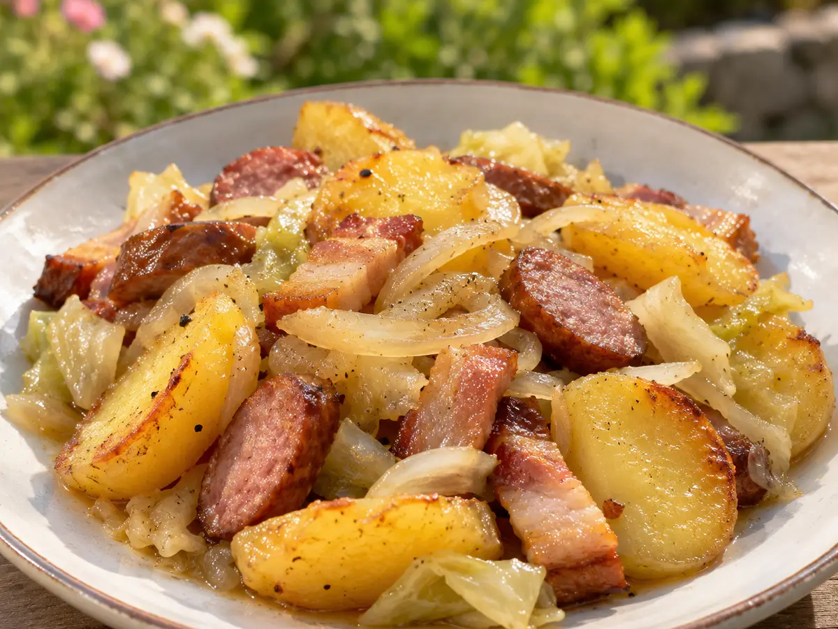 Cauldron Potatoes with Bacon, Sausage and Onion