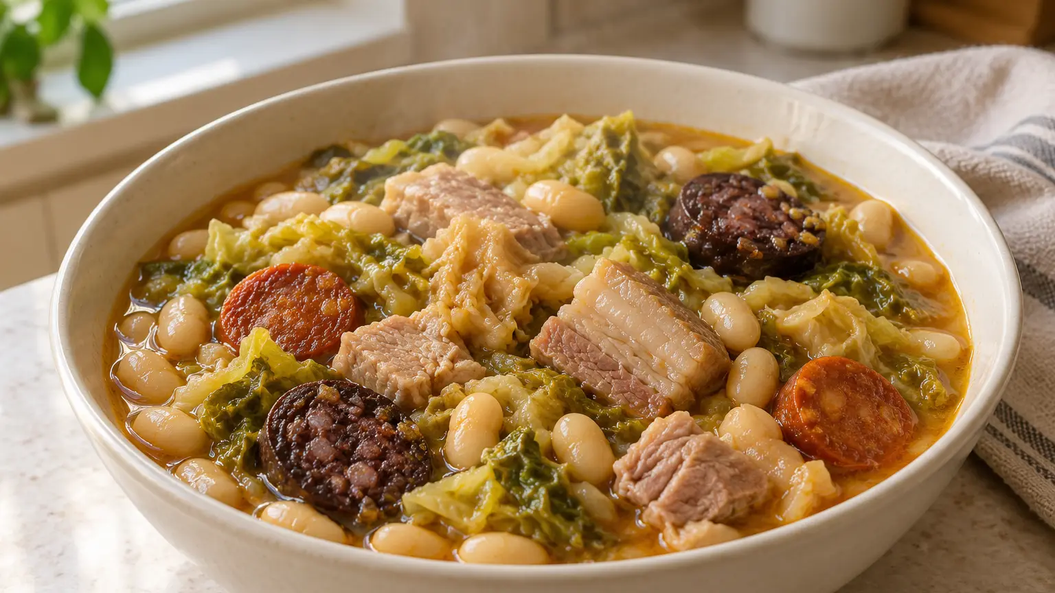 Cocido montañés cantabrico con fagioli bianchi verza maiale chorizo e morcilla di riso