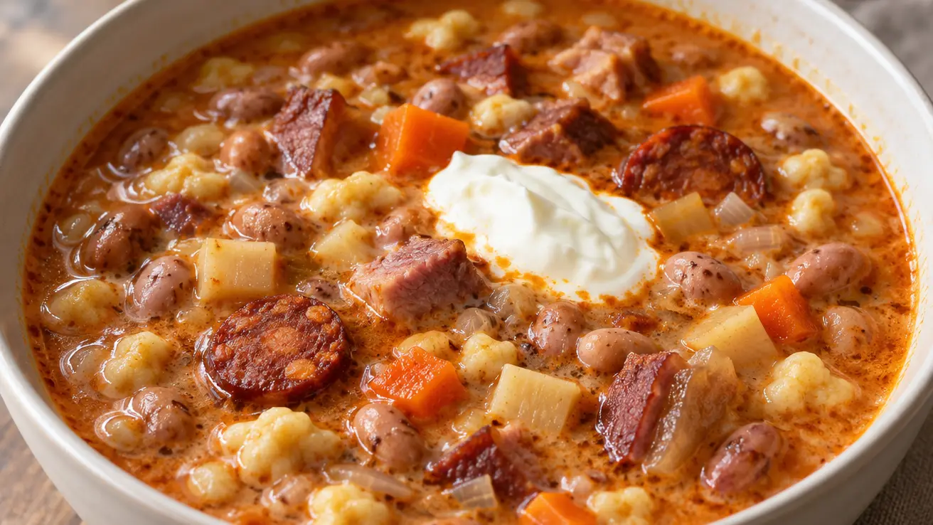 Jókai bableves con fagioli screziati, pezzi di stinco, salsiccia alla paprika, csipetke e panna acida
