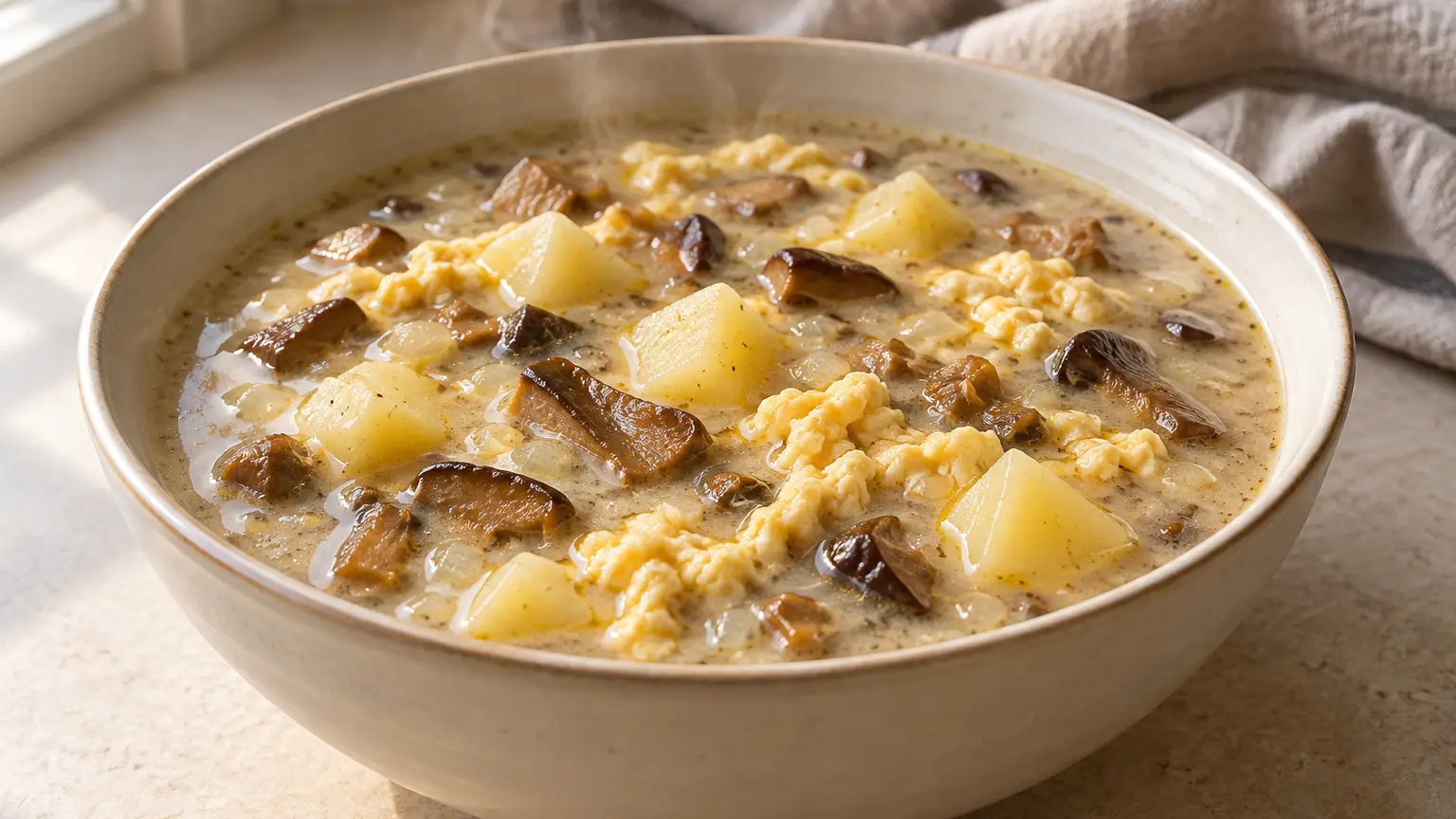 Tsjechische kyselo met eekhoorntjesbrood, aardappelen en zacht roerei in een diepe kom