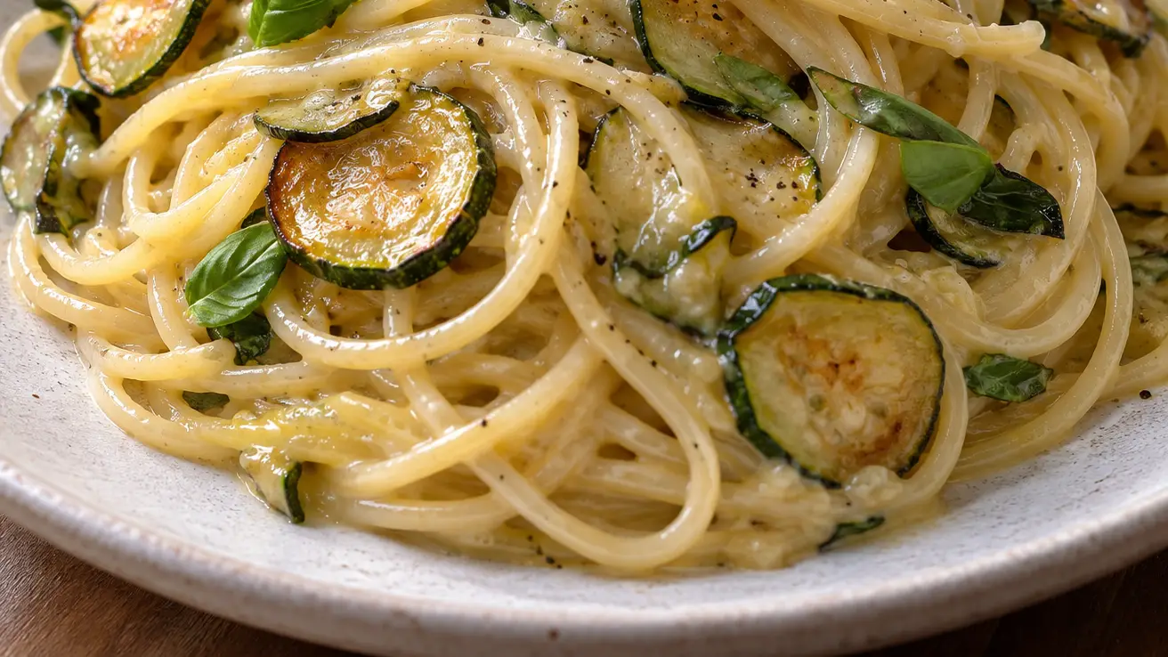 Spaghetti alla Nerano in romige kaassaus met gebakken courgetteplakjes, basilicum en peper
