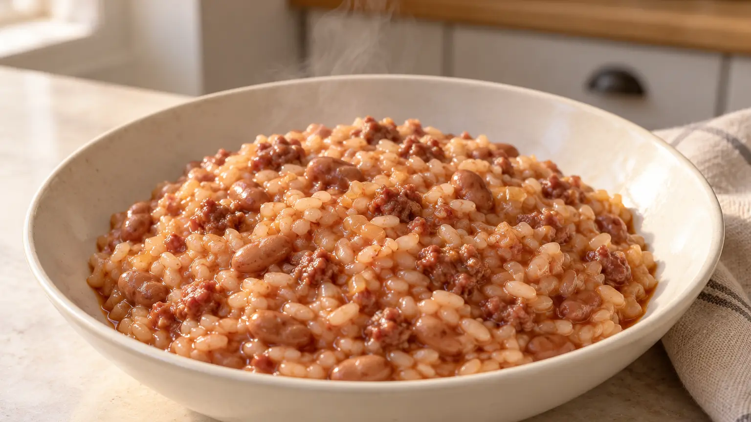 Panissa vercellese met rijst, borlottibonen en salami in een diep bord
