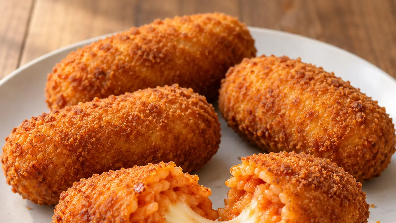 Goudbruine supplì al telefono van tomatenrijst, met een krokante paneerlaag en dradentrekkende mozzarella