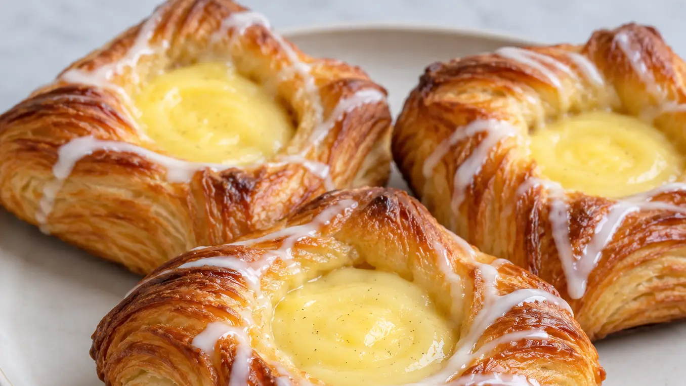 Spandauer dorati e sfogliati con crema alla vaniglia e una sottile decorazione di glassa bianca