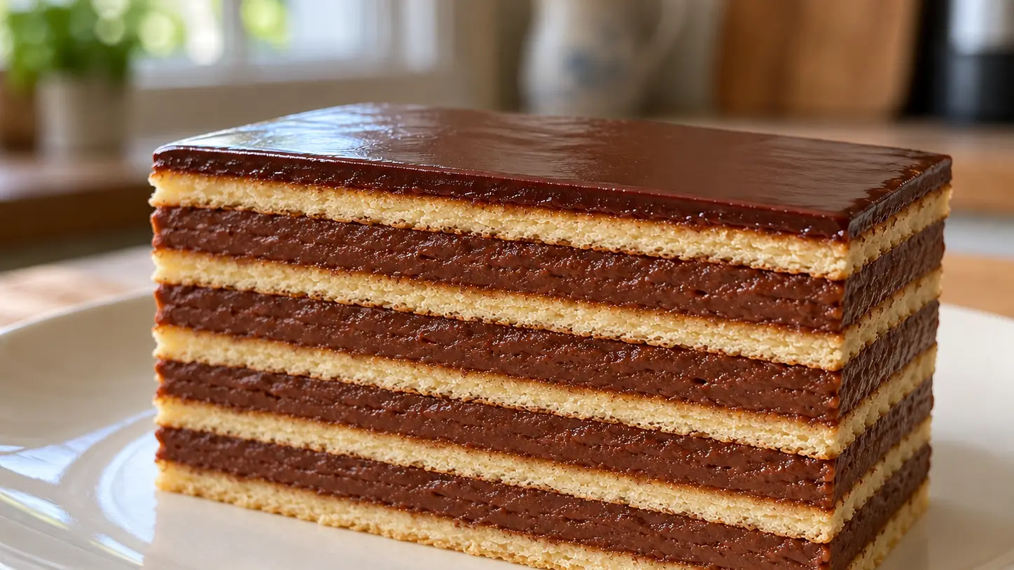 Mađarica with six pale pastry sheets, chocolate cream and a smooth glaze