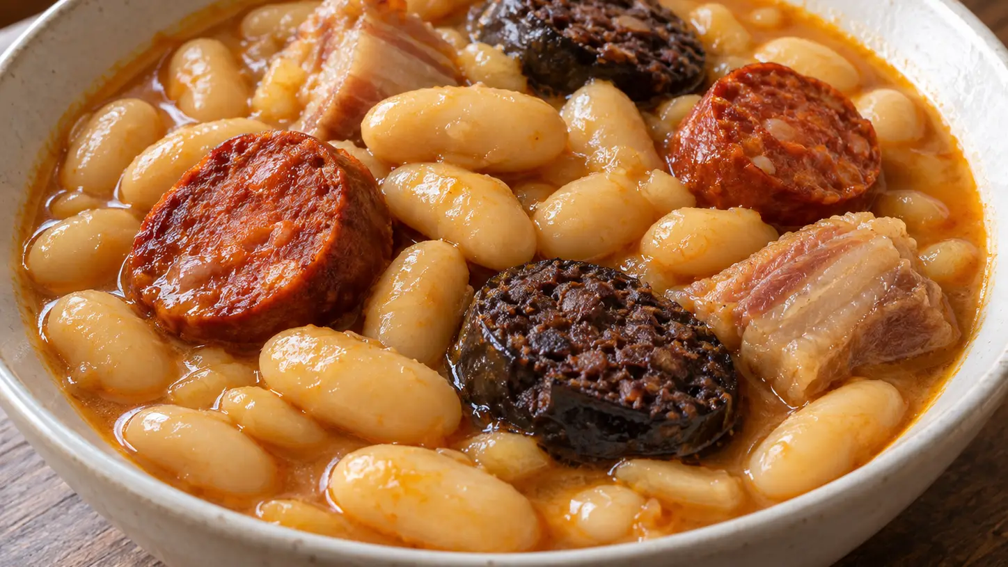 Fabada asturiana met grote witte bonen, chorizo, morcilla en stukjes buikspek in dikke bouillon