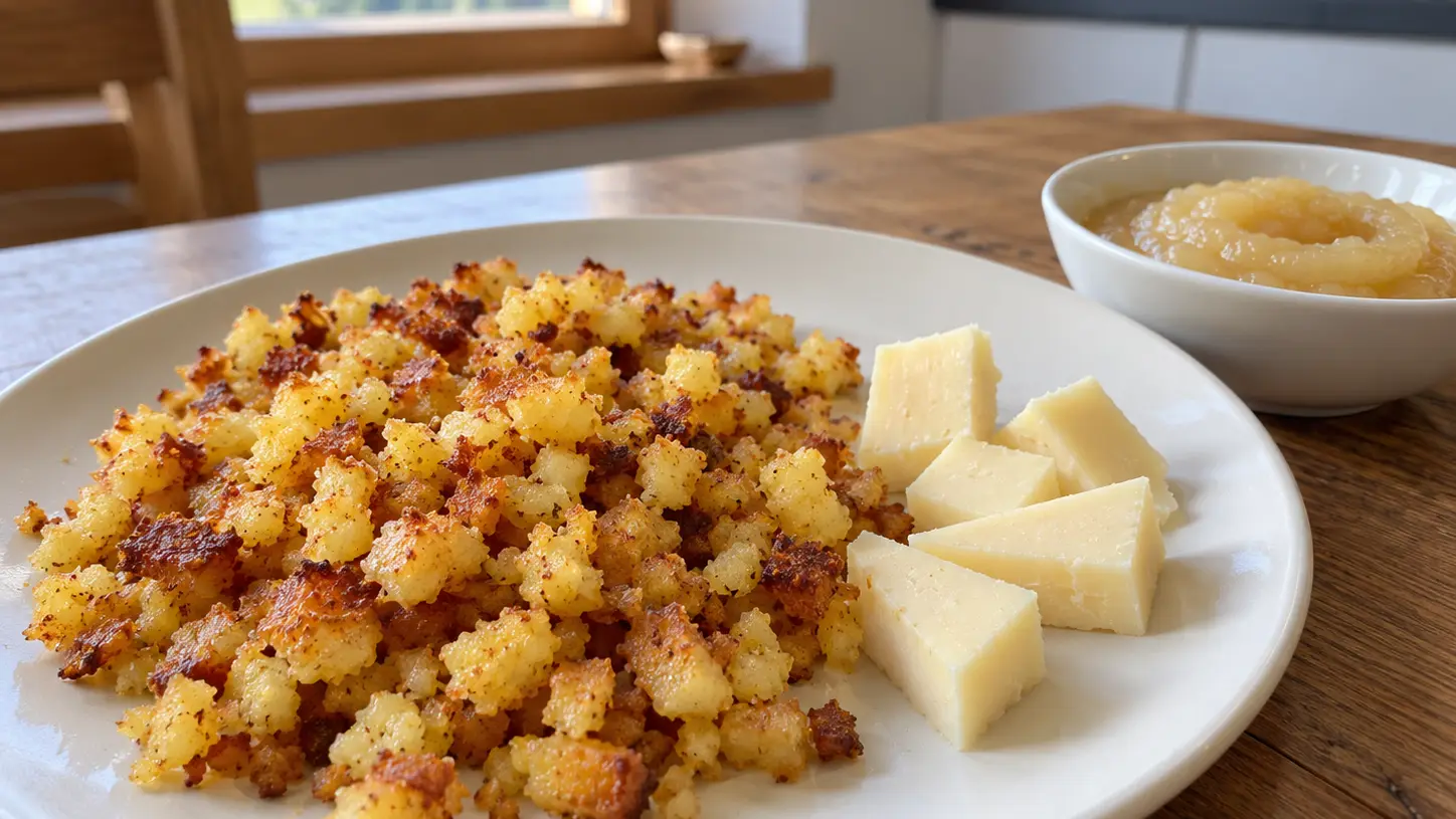Briciole dorate di maluns con formaggio di montagna e composta di mele separata