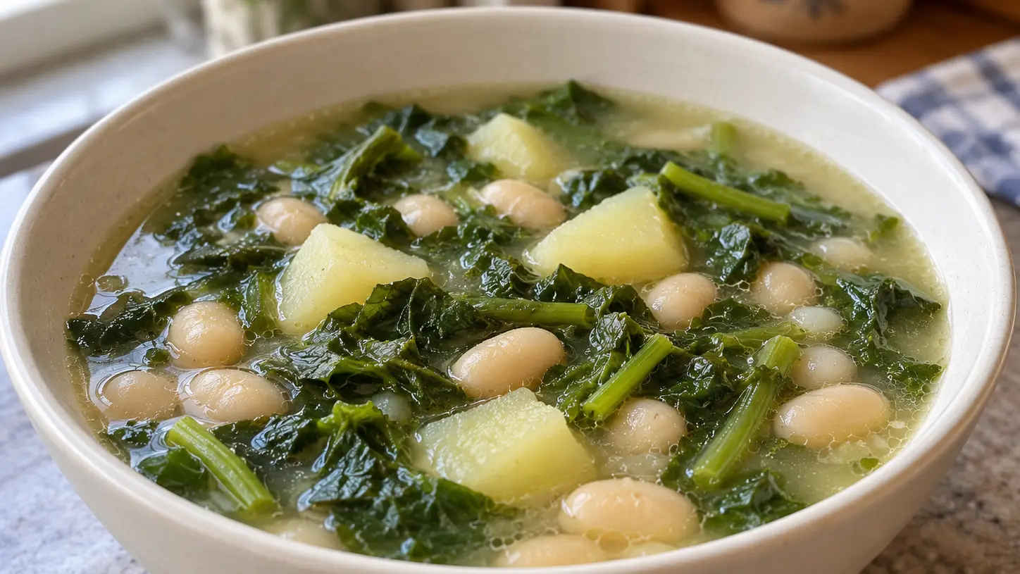 Caldo gallego met witte bonen, stukken aardappel en groene grelosbladeren