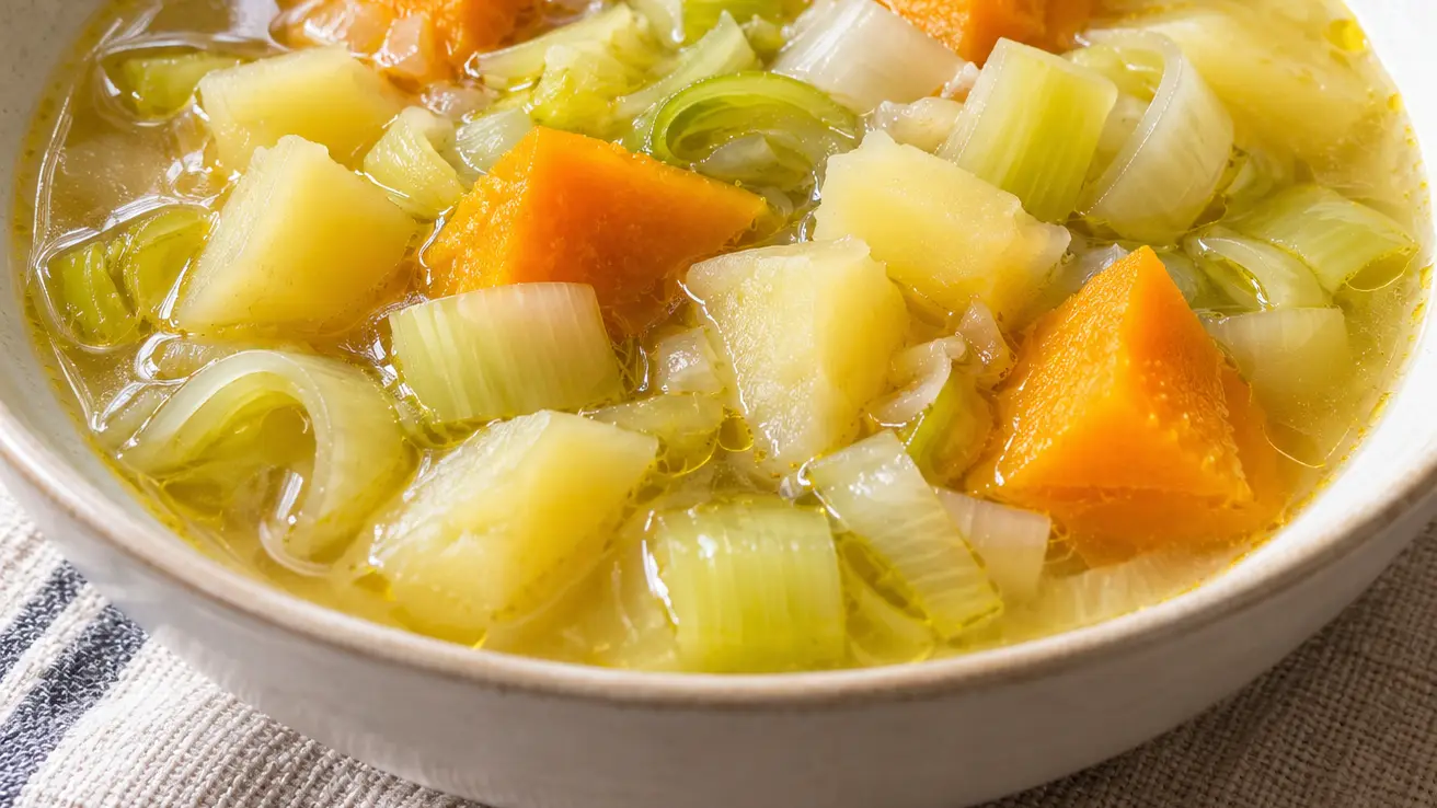 Porrusalda met prei, aardappelstukken en oranje pompoen in een lichte bouillon met olijfolie