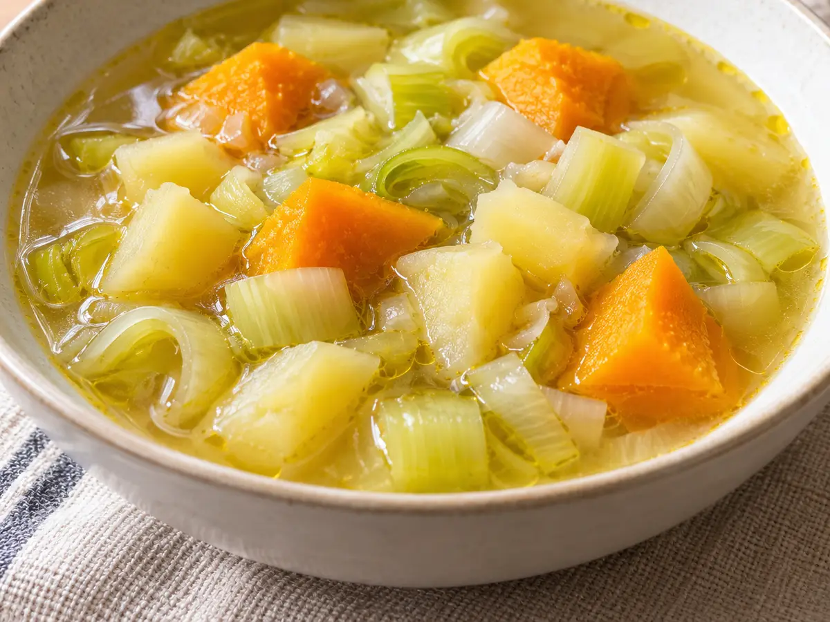 Porrusalda — Baskische soep met prei, aardappelen en pompoen