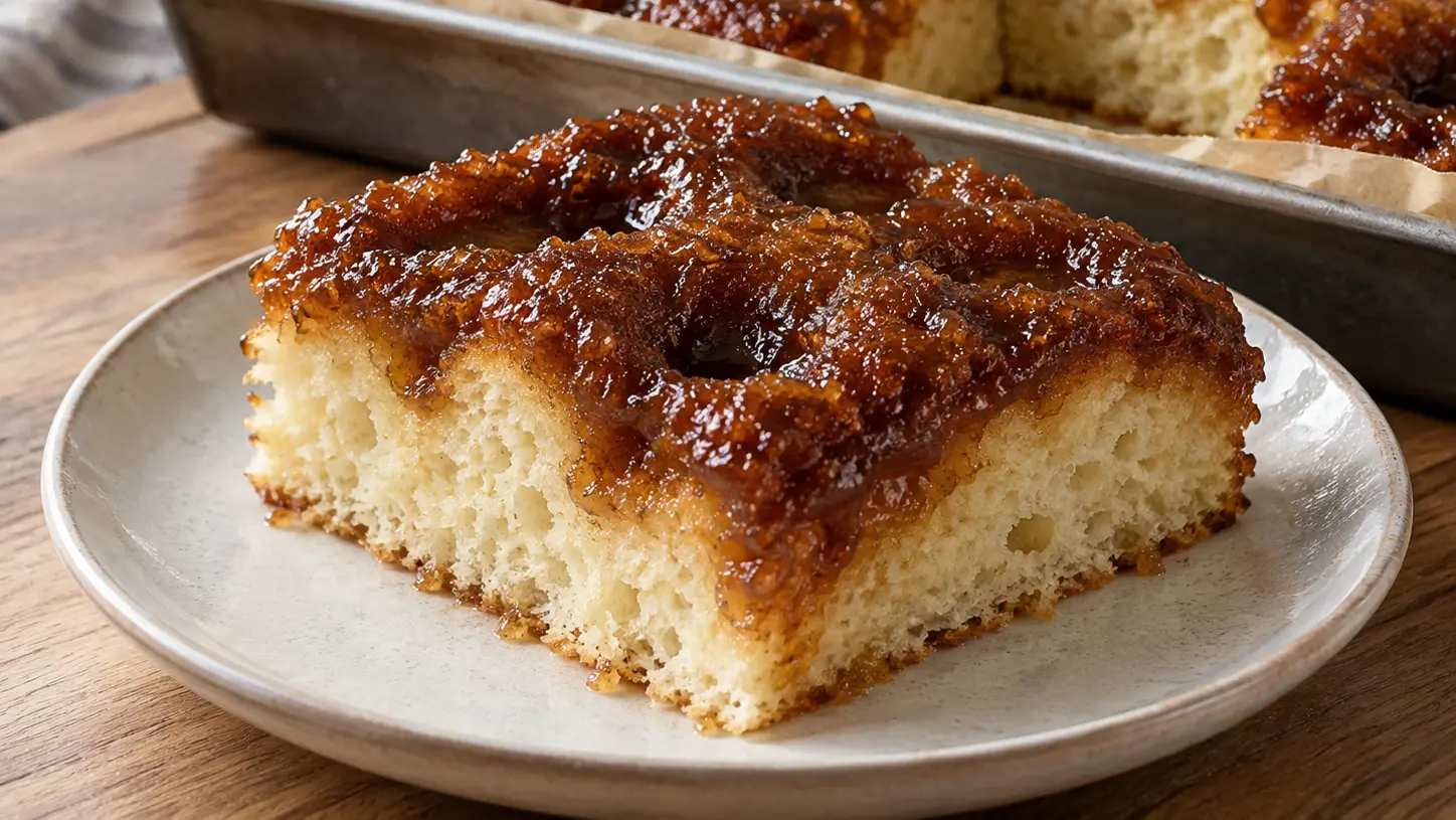 Brunsviger slice with fluffy yeasted crumb and a brown sugar-and-butter topping filling the dimples