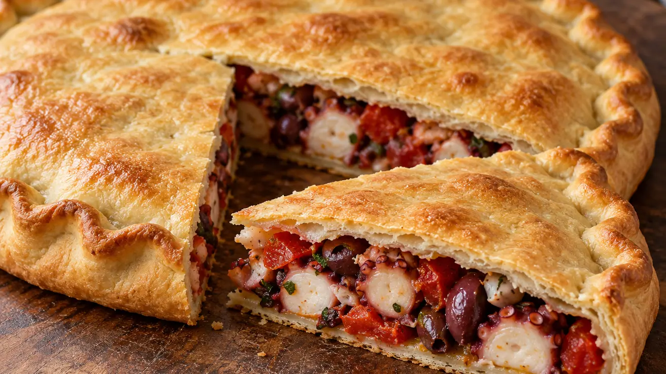 Tiella di Gaeta dalla crosta sottile dorata, fetta che mostra polpo, pomodori e olive scure