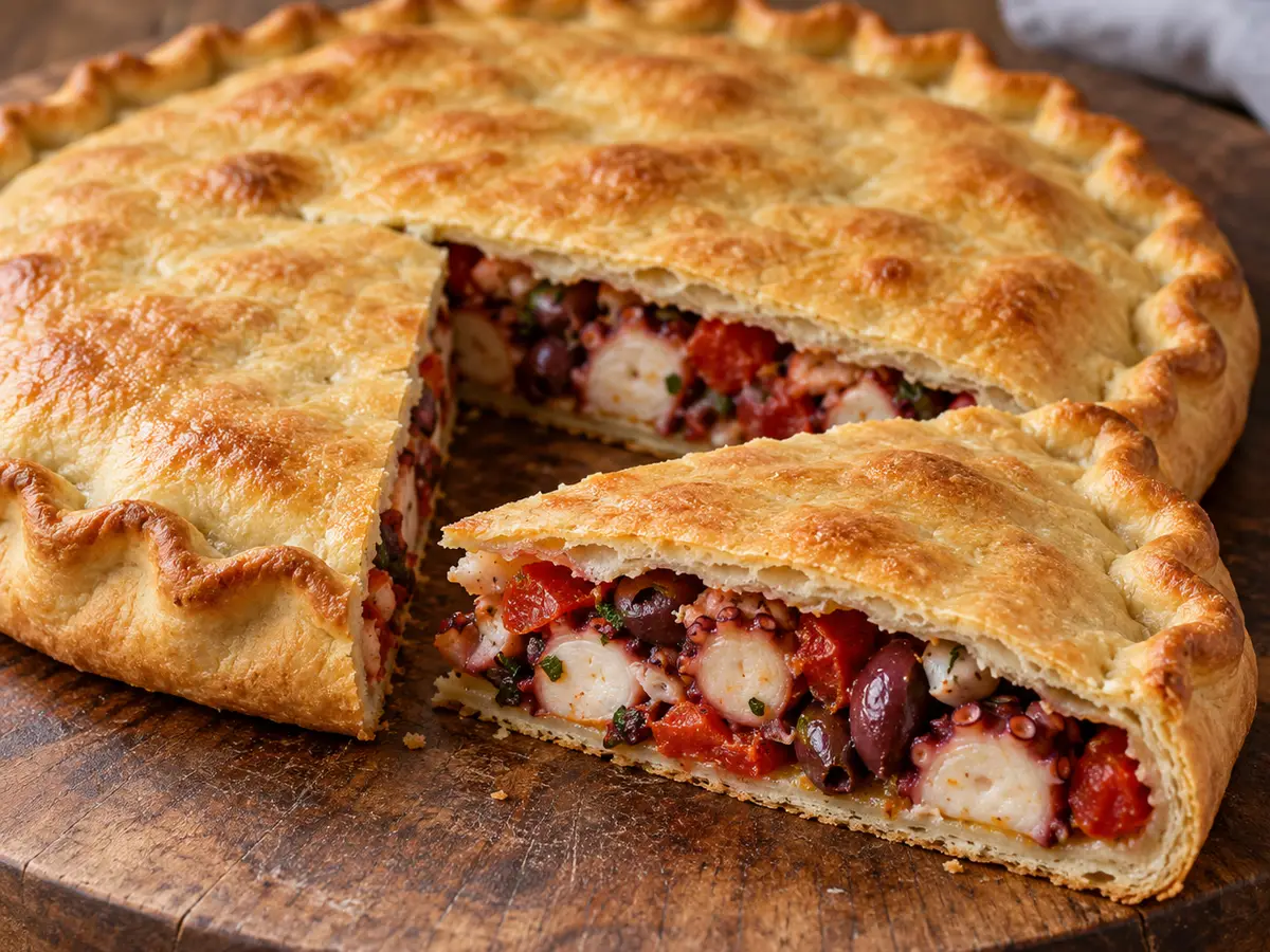 Tiella di Gaeta con polpo, pomodori e olive