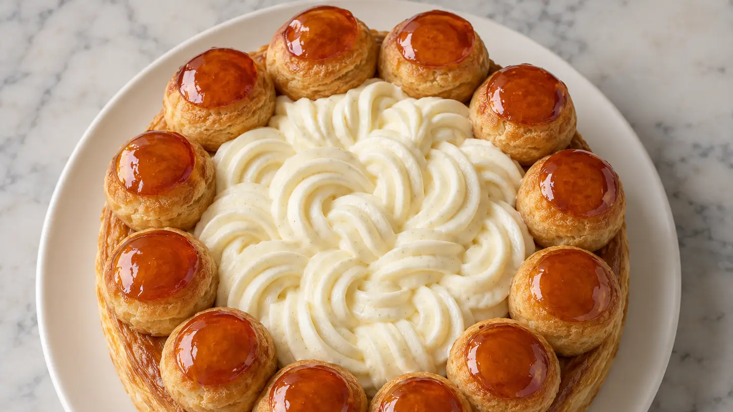 Saint-Honoré met twaalf karamelsoesjes rond luchtige vanilleroom op een bladerdeegbodem