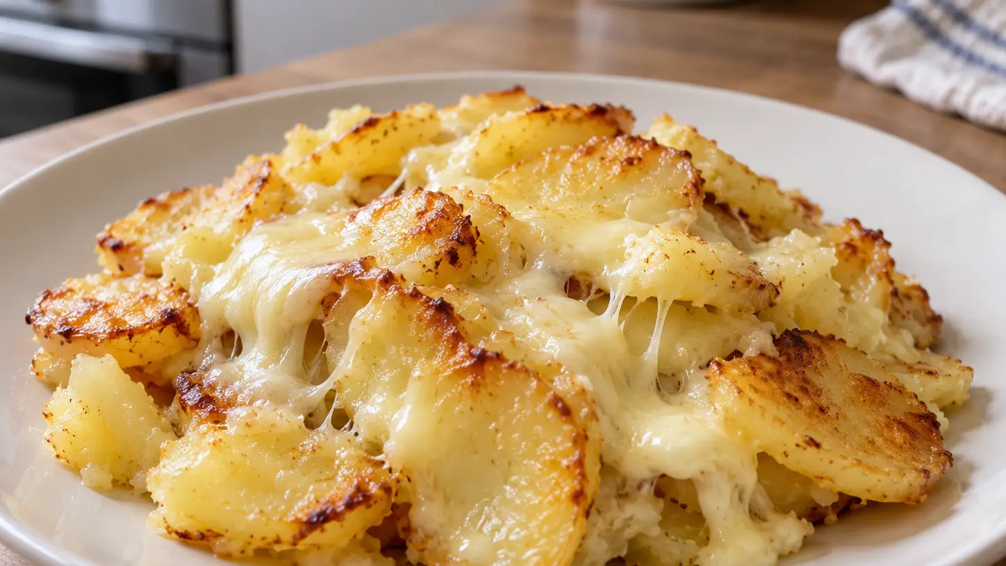 Truffade met goudbruine aardappelen en draderige verse tomme op een licht bord