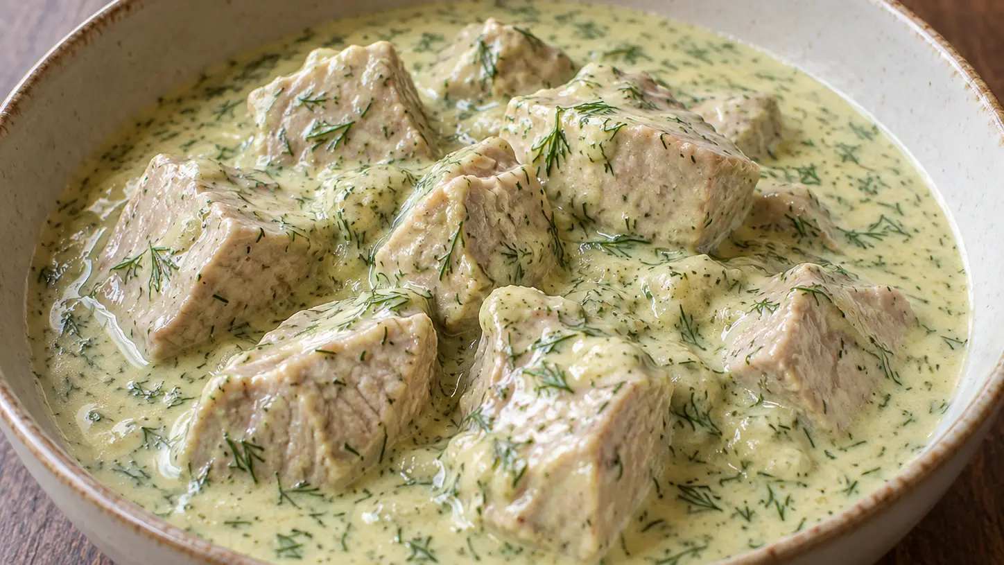 Dillkött met zachte kalfsvleesstukjes in een lichte groenige dillesaus met fijngehakte dille