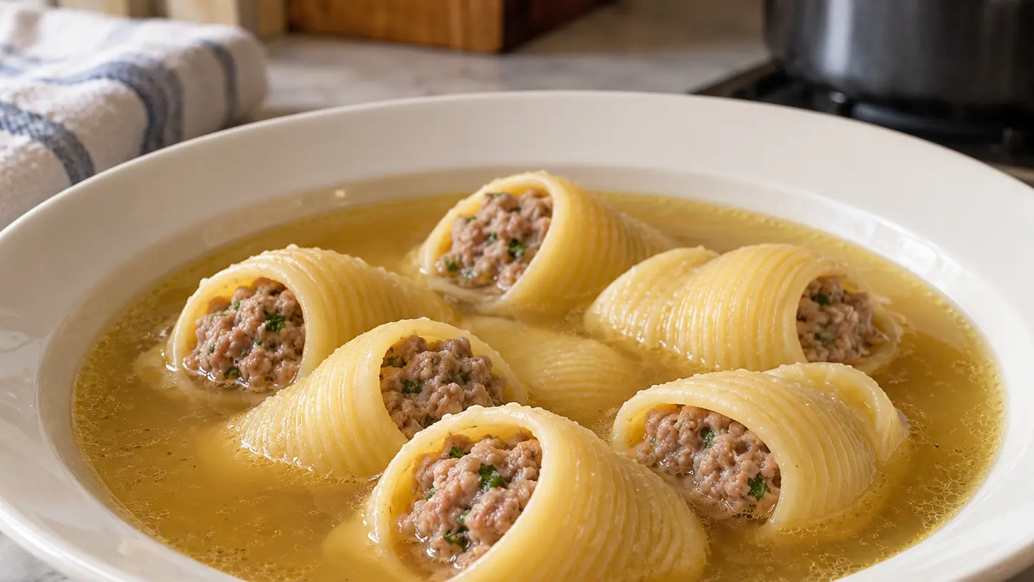 Sopa de galets con grandi conchiglie ripiene di carne in brodo dorato nel piatto fondo